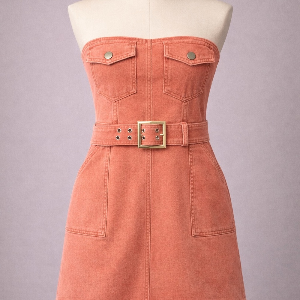 Pink Denim Strapless Dress with Belt pink denim strapless dress